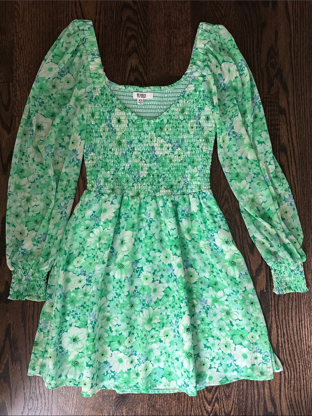 BB Dakota Green Floral Smocked Dress with Long Puff Sleeves